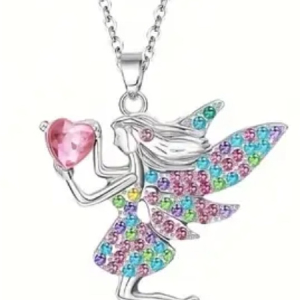 Silver Fairy Pendant Necklace with Multicolor Crystals